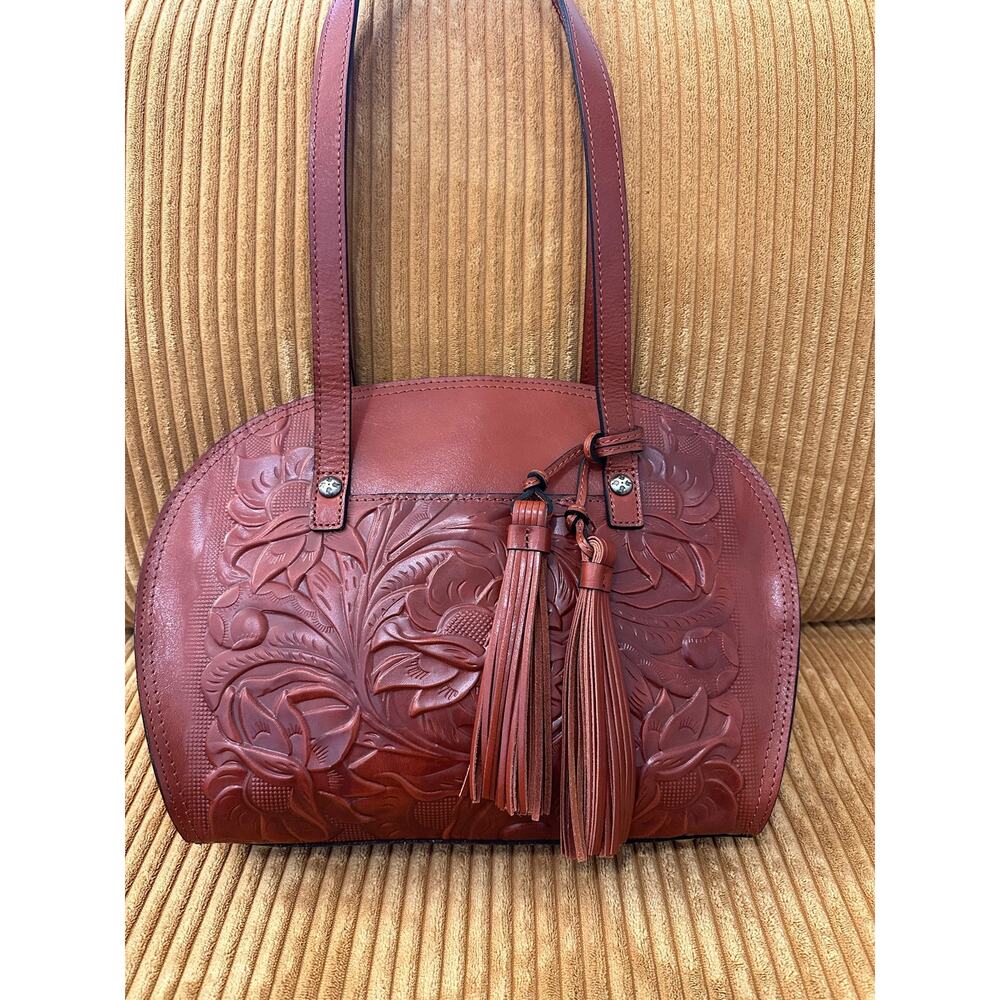 Patricia Nash Miranda Round Leather Tooled Floral Tassel Handbag Cinnamon